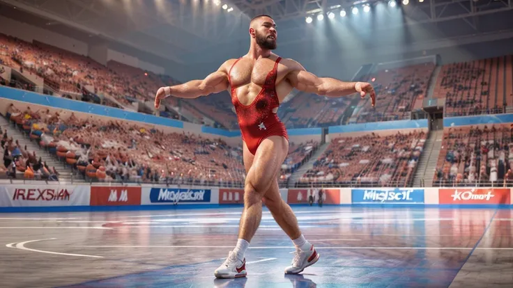 a muscular man with a shaved head and beard, wearing a red freestyle wrestlers costume, striking a dramatic pose on a wrestling ring surrounded by spectators in a stadium, (best quality,4k,8k,highres,masterpiece:1.2),ultra-detailed,(realistic,photorealisti...