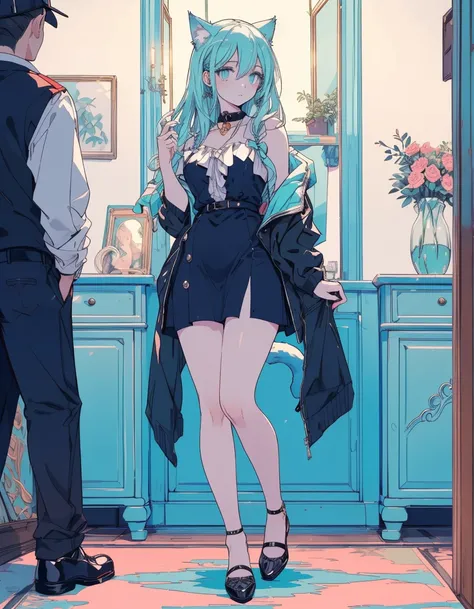 full body, mirror and river, ((masterpiece, best quality:1.5)), ((Beautiful detailed cat aqua eyes:1.2)), cat ears, pale skin, medium breasts, beautiful hands, beautiful fingers, EasyNegative