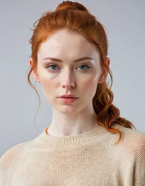 Photography full body, of a very beautiful realistic girl, hole body,in the recording studio, wear a sweater, porcelain skin, very light skin, very pale skin, redhead, wavy, pony tail, Detail of skin structure, hazel eyes, Slit eyes, small-nose, small nost...