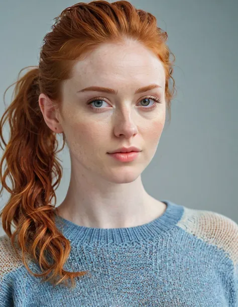 Photography full body, of a very beautiful realistic girl, hole body,in the recording studio, wear a sweater, porcelain skin, very light skin, very pale skin, redhead, wavy, pony tail, Detail of skin structure, hazel eyes, Slit eyes, small-nose, small nost...