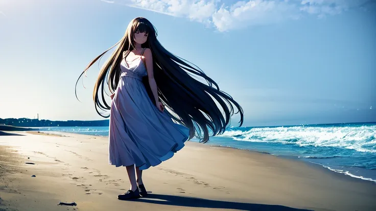 long haired girl in the beach,