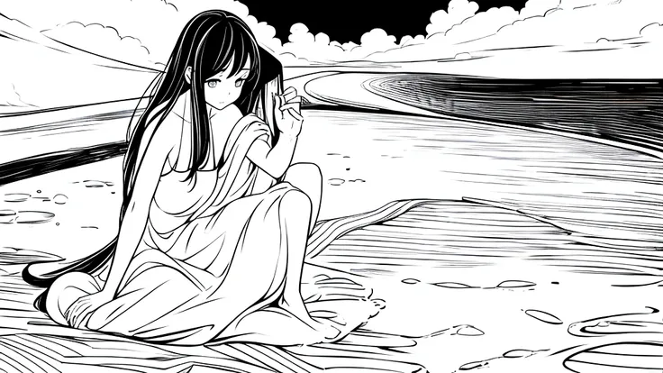 line art, black and white, long haired girl sit in the beach,