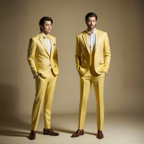 (1man:1.4),(male:1.2),(full body:1.2), age 25 beared handsome man , studio lighting , photo shoot of lemon yellow linen tuxedo ,portrait shoot 