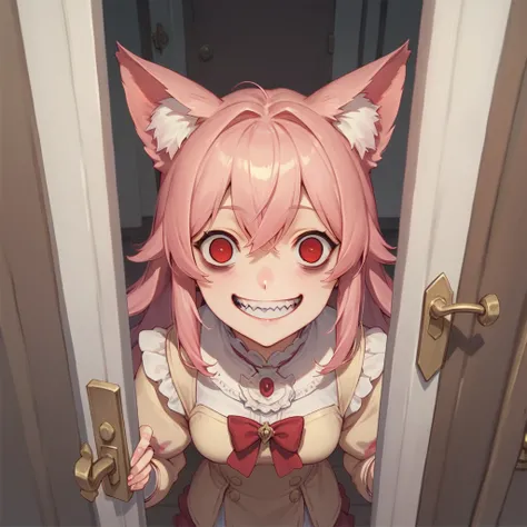 top quality, masterpiece, animal ear girl, pink hair, red eyes, empty eyes, standing in front of the door, crazy smile