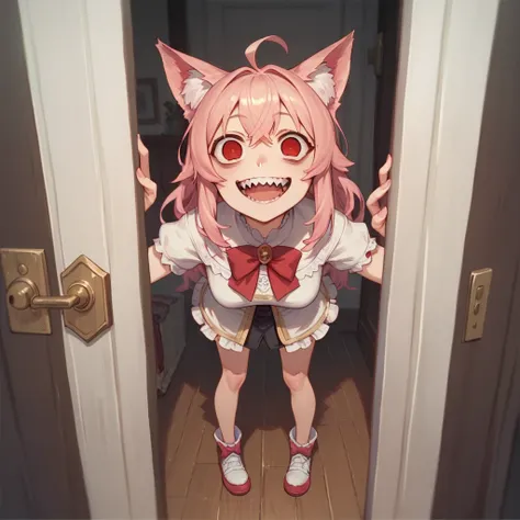 top quality, masterpiece, animal ear girl, pink hair, red eyes, empty eyes, standing in front of the door, crazy smile