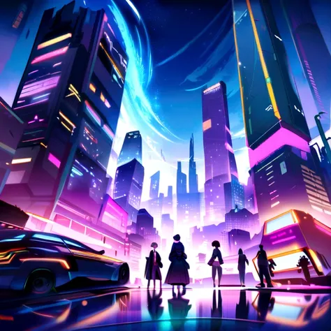 Create a futuristic cyberpunk landscape in a city with Cyborg people,with an old style of ladies and gentlemen 