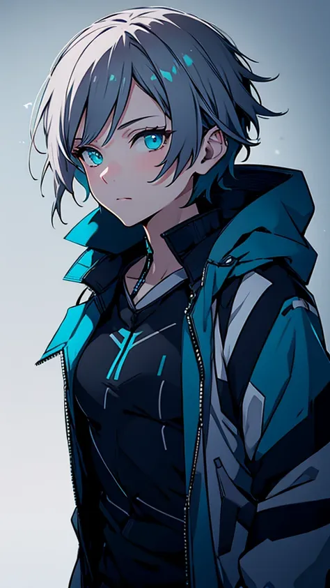 (masutepiece:1.2, best quality),  [1 girl in, expressioness, turquoise eyes, slate-gray hair, half short cut hair,white jacket,j...