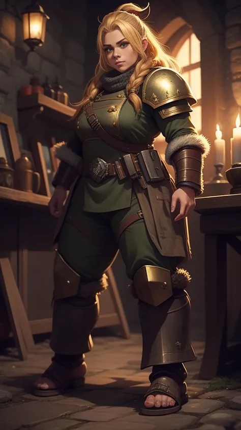 warhammer 40k imperial guardsman, female dwarf. blonde hair, ((large feet)), barefoot, hairs on feet, bare hand, hobbit, pants, chest armor, (big hairy feet), (big hairy foot)