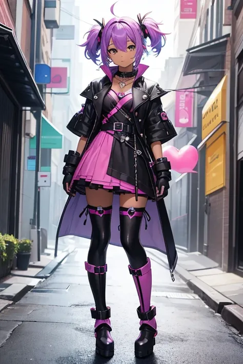 a black girl straight pink and blue hair, dark purple light armor, green fingerless gloves, skirt, red knee pads, heart shaped necklace, galoshes, tall