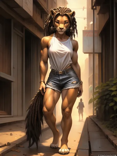 by kenket, by totesfleisch8, (by thebigslick, by silverfox5213:0.8), (by syuro:0.2),  а lion, female, lion tail, full body, brown fur, light brown eyes, muscular, athletic body, medium breast size, black medium length dreadlock hair, seductive face, wearin...