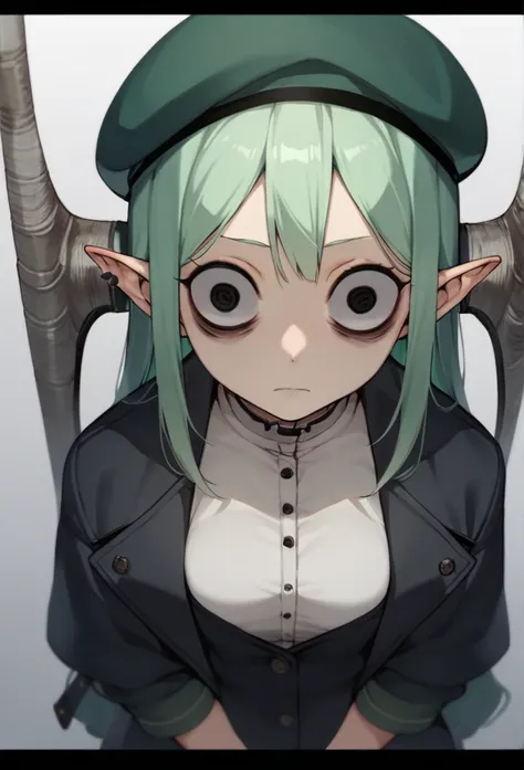 1girl, green hair,beret,hollow eyes,insanity-angle, letterboxed, holding,metal bat,