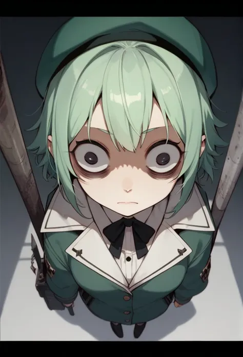 1girl, green hair,beret,hollow eyes,insanity-angle, letterboxed, holding,metal bat,