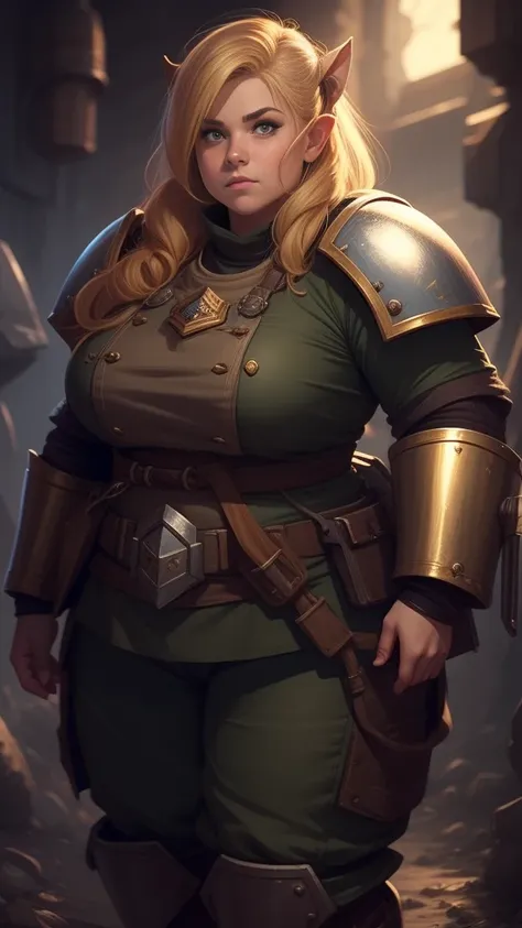 warhammer 40k imperial guardsman, ((female dwarf)). blonde hair, bare hand, hobbit, hafling, pants, chest armor, ((big nose)), large expressive eyes, in a spaceship, chubby face