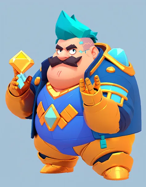 an obese businessman, in a blue suit, blue cyberpunk hairstyle and mustache, in gold armor encrusted with diamonds