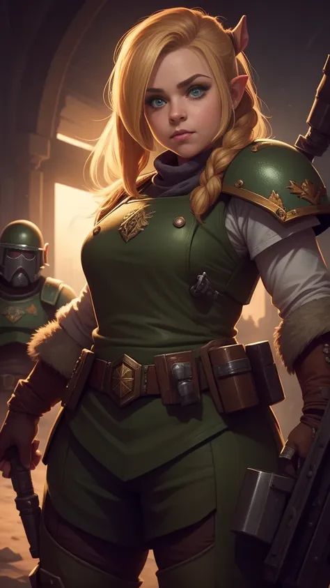 warhammer 40k imperial guardsman, ((female dwarf)). blonde hair, bare hand, hobbit, hafling, pants, (green bulletproof vest), ((...