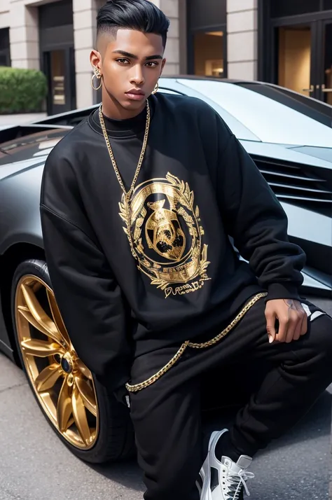 A young man dressed in a sweatshirt with a gold chain around his neck, luxury sneakers and a diamond earring leaning against a smoked black Lamborghini with chrome wheels 