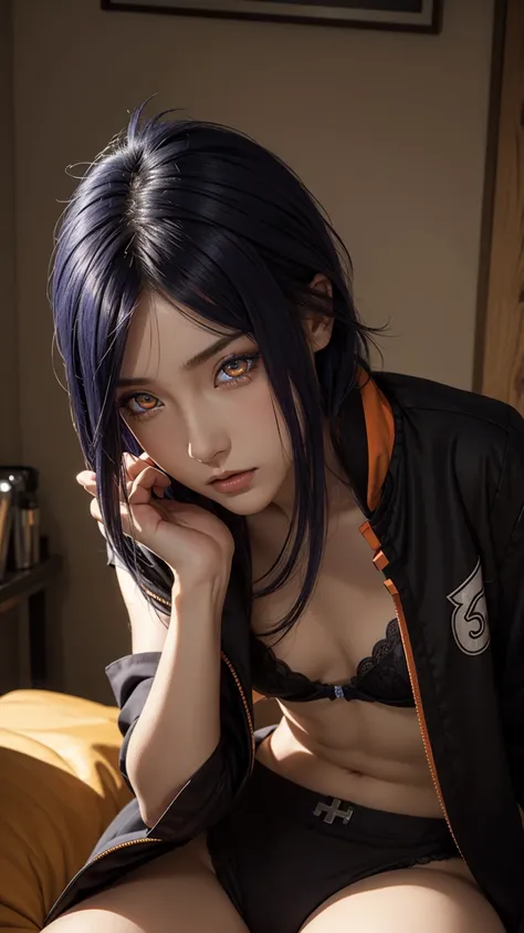 woman, woman, short hair, hair ornament, blue hair, legs , sitting on the bed , small, panties, bra, Sexual тело , underwear, Sexual , bra, panties, one flower, hair цветок, (orange eyes:1.2), (labret piercing:1.2), eyeshadow, (Akatsuki uniform:1.5), Akats...