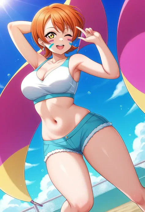 Masterpiece, sksrin, beautiful , facial details, 8k wallpaper, Rin Hoshizora Love Live, short hair, white gym bra, micro shorts , wrestling outfit,(lipstick:0.8), (face paint),Fascinated by her beauty ,wink, moist skin,thin waist ,short girl, skindentation...