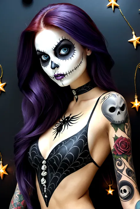 Create a hyper detailed photograph of a nightmare before Christmas tattooed young sexy stunning gorgeous girl, Stunningly perfect gorgeous face, perfect death makeup,detailed vibrant eyes, long hair,detailed perfect beautiful legs, detailed perfect beautif...