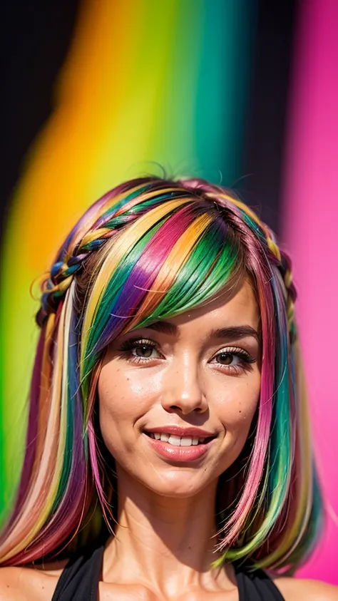 A woman with bright colorful rainbow hair, smile slightly, blured background