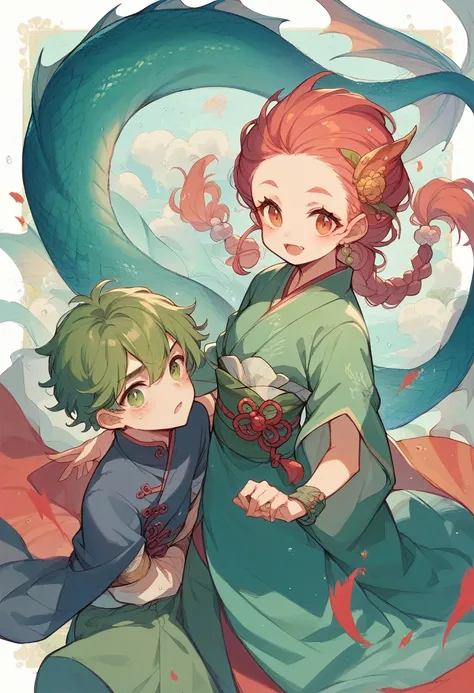 Masterpiece, Best Quality, 1 girl, braided hair with green tones, Siren, Siren, petalos, with 1 boy in traditional Chinese clothing, un chico junto a la Siren