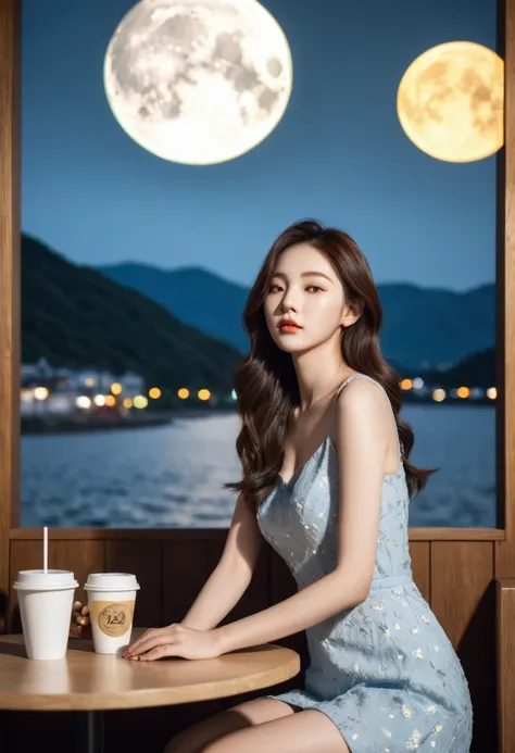 super impressive realistic photo quality, a close-up analog raw candid photo of, a most beautiful korean idol woman facing the viewer, wearing a trendy dress sitting in a cafe, the interior design of the cafe is very aesthetic and inside the cafe there are...