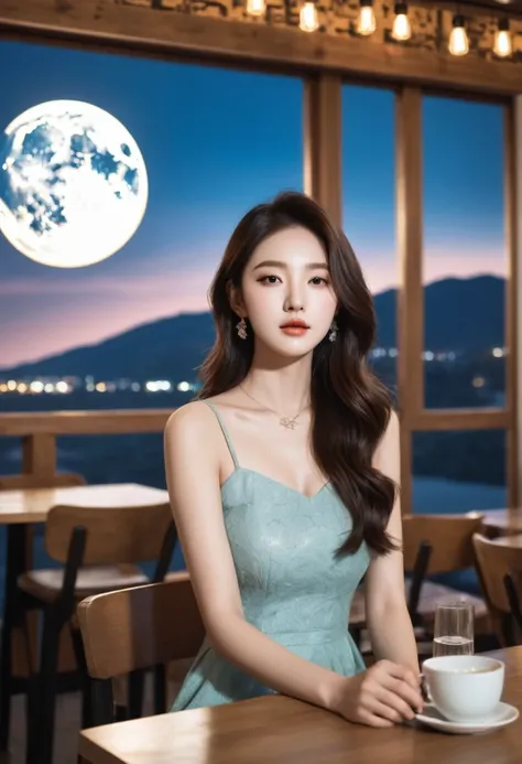 super impressive realistic photo quality, a close-up analog raw candid photo of, a most beautiful korean idol woman facing the viewer, wearing a trendy dress sitting in a cafe, the interior design of the cafe is very aesthetic and inside the cafe there are...