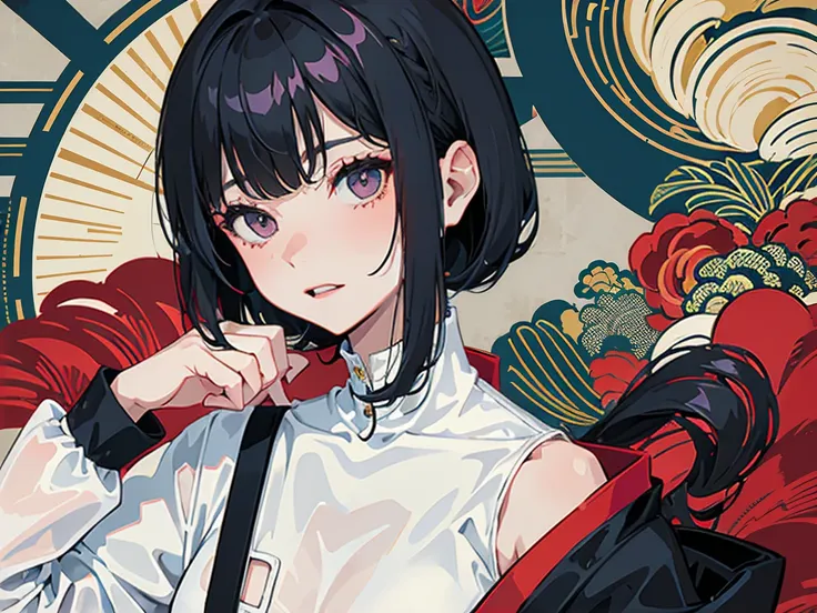 pale, black haired, japanese girl. She has a bob hairstyle. Her expression is cold, she has sharp eyes, Hair is loose, She slightly looks down at you, her torso can be seen, wears a white blouse and tight black jeans