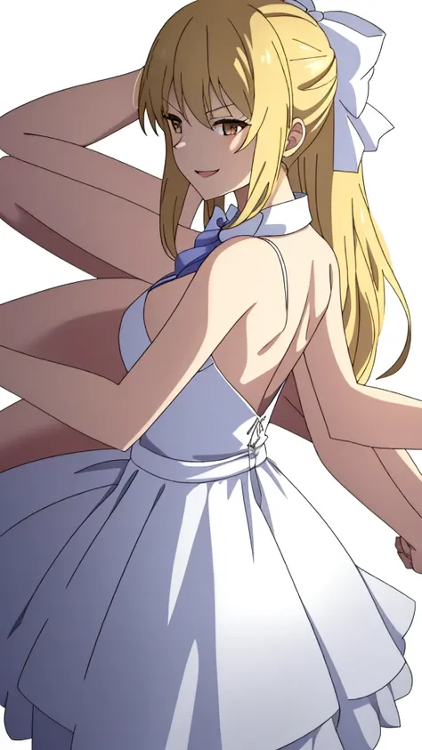 (1girl,20 years old,mature female),blonde hair,long hair,white dress, sleeveless, bow tie, bare shoulders,angry,smile,cleavage,((white background)),extra arms,four arms,(from back)