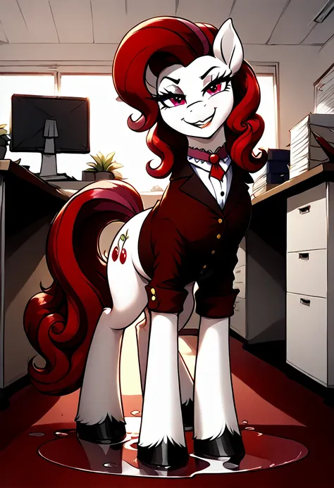 cherry jubilee, female, pony, evil smug smile, making a puddle of pussy juice from her pussy, in her office