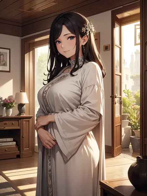 (​masterpiece、top-quality、hight resolution、Unity 8k Wallpaper、extremely details CG:1), A mother, standing nearby, smiles gently and says, "I guess youre at that age where you get interested in these things." She has a kind and understanding expression. The...