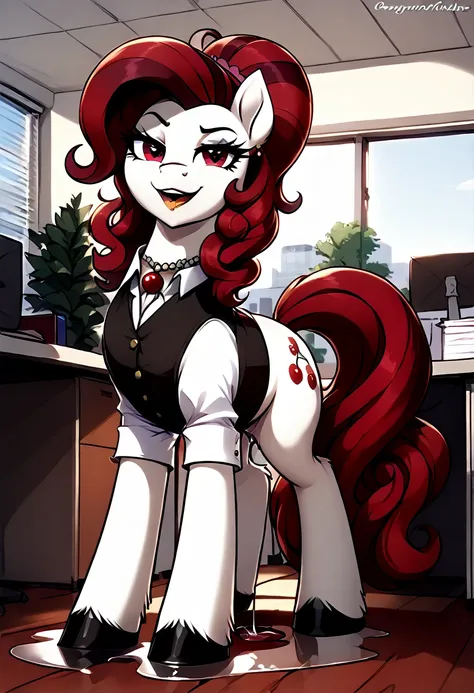 cherry jubilee, female, pony, evil smug smile, making a puddle of pussy juice from her pussy, in her office