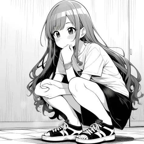 1girl, moketa, idolmaster, gakuen idolmaster, shinosawa hiro, aged down, bracelet, hand on anothers leg, jewelry, long hair, sandals, shoes, sneakers, squatting, very long hair, absurdres, greyscale, hatching (texture), depth of field, ((very aesthetic, be...