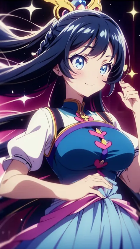 best quality,extremely detailed,anime style,1girl,Long hair down to the waist,straight hair,Dark black hair with bluish,Braid on top of the head,ponytail,beautiful detailed eyes,pinched eyes,dark blue eyes,huge breasts,smile,garter belt,princess motif idol...