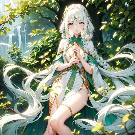 Beautiful woman with very long, white hair with light greeb tips with a braid, light green vines and light greeb eyes, pale skin, greater lord Rukkhadevata from Genshin Impact 