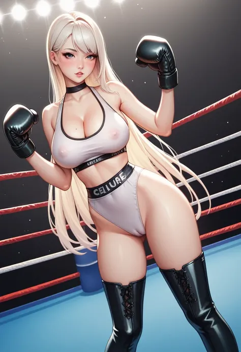 A slim Korean beauty,Good shape,Pretty Face,detailed picture, blush,White long hair,Wearing sexy sports bra,Wearing black suspender stockings,high-heel boots,Wearing black boxing gloves,Standing alone in the boxing ring, posing sexy,Large Breasts,Cleavage,...