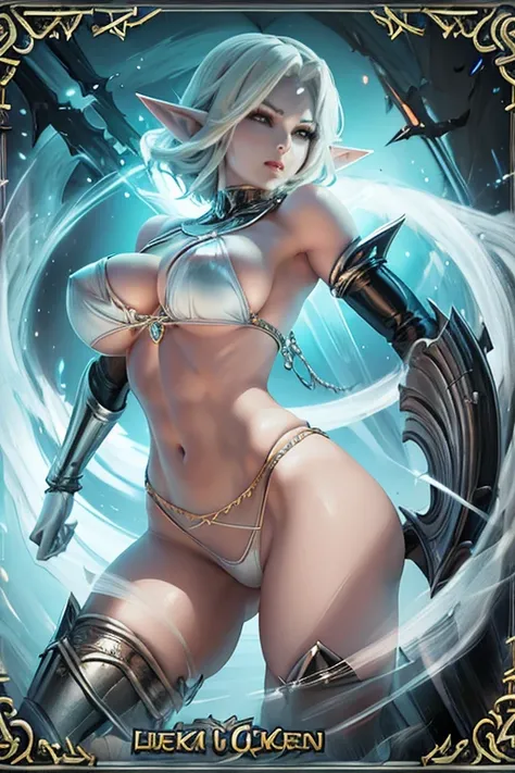 Trading card of Sexy elf queen, perfect boob, wearing are sext silver-white warrior queen bikini, realistic, jewelry, body chains, glowing detailed eyes, smooth skin, cool, edgy, muscular.