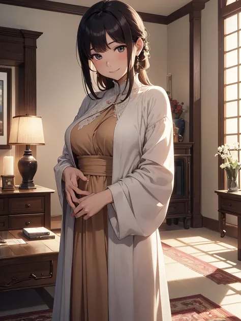 (​masterpiece、top-quality、hight resolution、Unity 8k Wallpaper、extremely details CG:1), A mother, standing nearby, smiles gently and says, "I guess youre at that age where you get interested in these things." She has a kind and understanding expression. The...