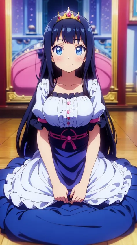 best quality,extremely detailed,anime style,1girl,Long hair down to the waist,straight hair,Dark black hair with bluish,Braid on top of the head,ponytail,beautiful detailed eyes,pinched eyes,dark blue eyes,huge breasts,smile,garter belt,princess motif idol...