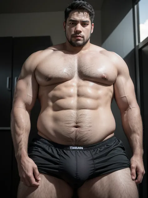 A big black pig-like man without underwear with a big bulge 