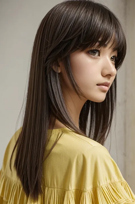 mha style girl layered hair,Deformed fringe with sulfur-colored eyes and melon skin,looking from the side