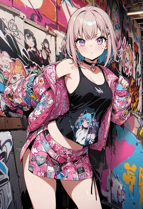 Graffiti Art、Positive Space、Silk Screen、Asymmetric、One Girl、Black tank top、pink pattern mini skirt、Heart-shaped choker、Cute mole under eye、Super detailed、Super detailed background、16K、diverse pose, di spalle ragazza che non guarda