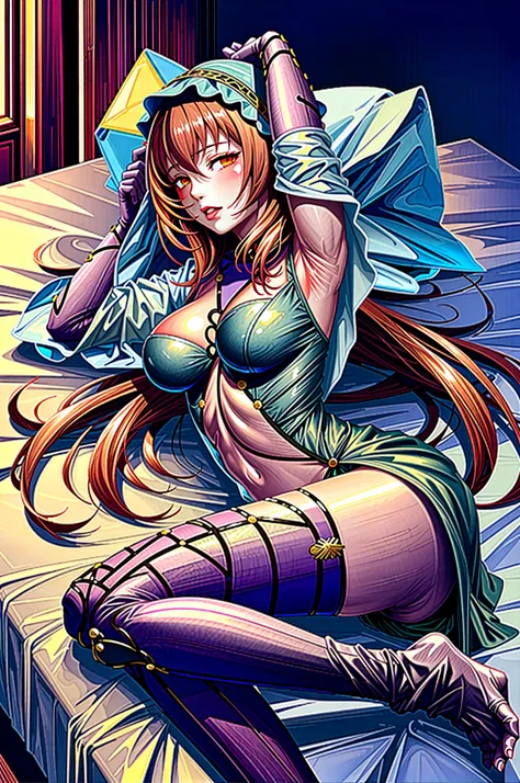 nsfw,sex with one man,sleeping,lying down,large breasts,female 、Scathach, girl, (masterpiece: 1.1), (highest quality: 1.1), Thematic, (bedroom background: 1.1), yellow eyes, red hair,long hair, low length, big breast, sexy pijama, pijamas, weaking up, morn...