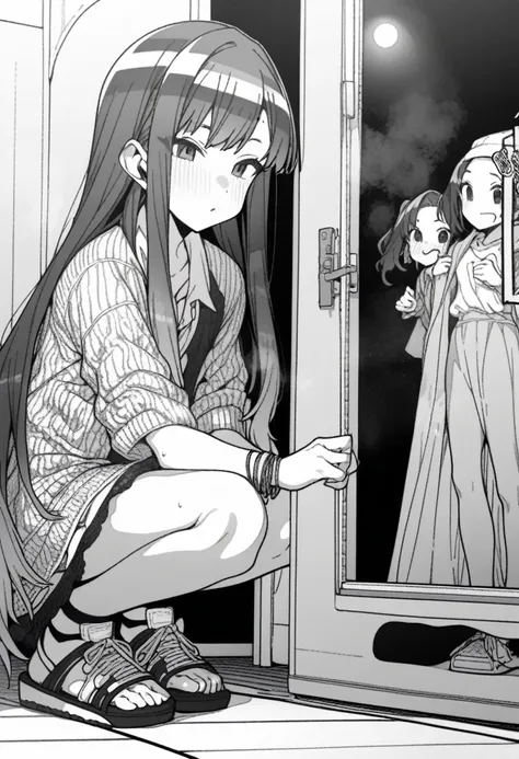 1girl, rei (reis room), moketa, erere, idolmaster, gakuen idolmaster, shinosawa hiro, aged down, bracelet, hand on anothers leg, jewelry, long hair, sandals, shoes, sneakers, squatting, very long hair, absurdres, greyscale, hatching (texture), depth of fie...