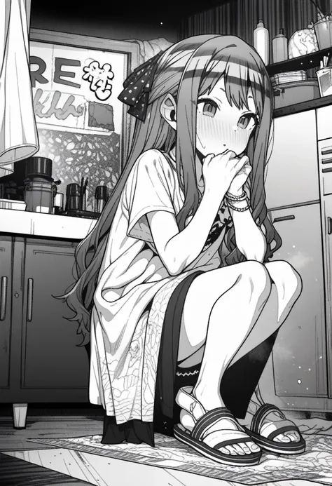 1girl, rei (reis room), moketa, erere, idolmaster, official art, gakuen idolmaster, shinosawa hiro, aged down, bracelet, hand on anothers leg, jewelry, long hair, sandals, shoes, sneakers, squatting, very long hair, absurdres, greyscale, hatching (texture)...