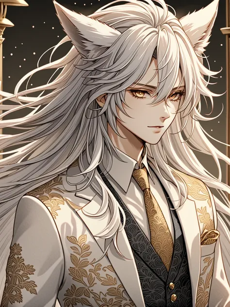 ((Highest quality)), ((masterpiece)), (detailed), ((Perfect Face))、male,  銀髪のmale性キャラクター。She has long, flowing hair and piercing golden eyes..。It has white fox ears on its head。
Performance: 真剣なPerformanceをしています。
He was wearing a gorgeous presenter-style s...