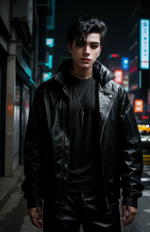 cyberpunk boy in black clothes facing (realisitic)