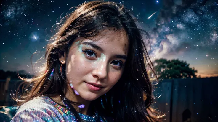 High detail, super detail, super high resolution, girl enjoying her time in the dream galaxy, surrounded by stars, warm light sprinkled on her, background is starry sky with colorful galaxies and galaxy clouds, stars flying around her, delicate face, addin...