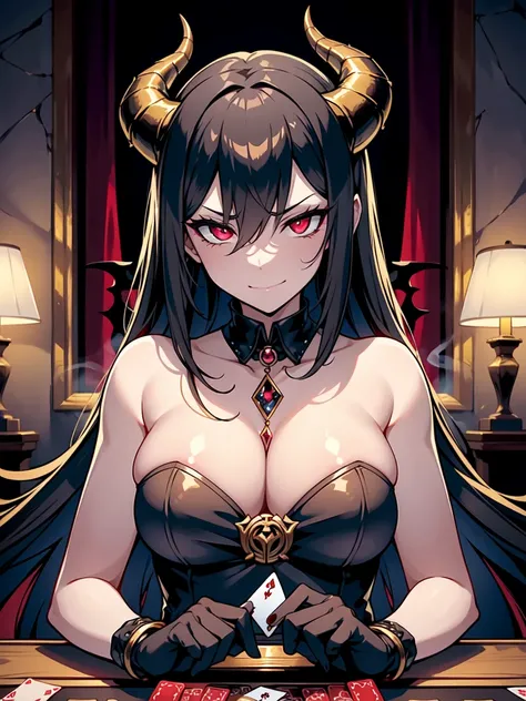 nsfw, A dimly lit casino, shrouded in a haze of sulfuric smoke, pulsates with an otherworldly energy. The evil mature demon dealer, her coiled goat horns glinting like polished obsidian, and golden snake eyes burning with an inner fire, smirks seductively ...