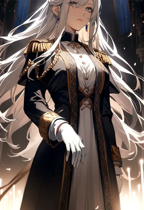 1girl, long hair, noble clothes, military uniform, white gloves,